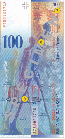 100 Swiss francs security features - Back