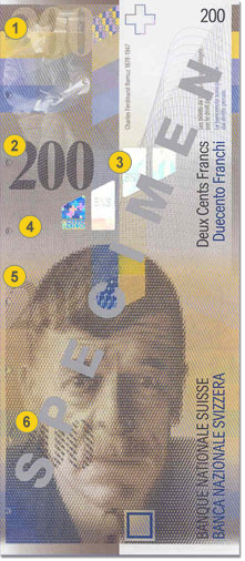 200 Swiss francs security features - Front
