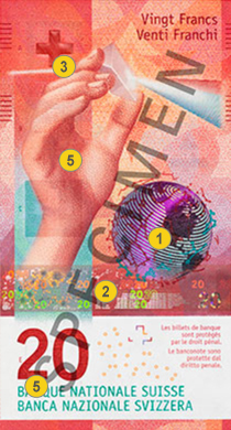 20 new Swiss francs security features - Front